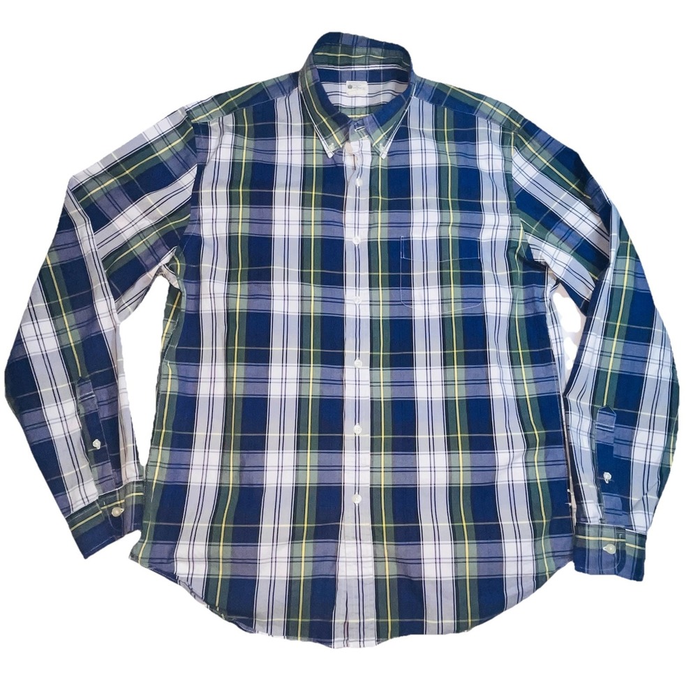 Men's XL J.Crew Sunwashed Oxford Long Sleeve Button‎ Up Plaid Shirt 100% Cotton